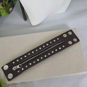 Brown Leatherette Wide Bracelet with Zipper and Stud Design